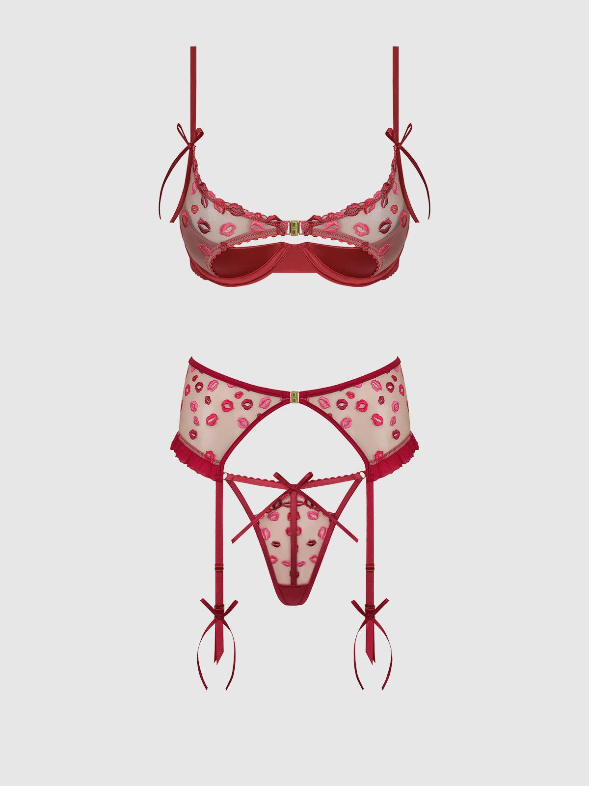 Angelina Lips Embroidery Open Cup Bra, Garter & Bow G-string Set Lingerie by House of Desire- The Nookie