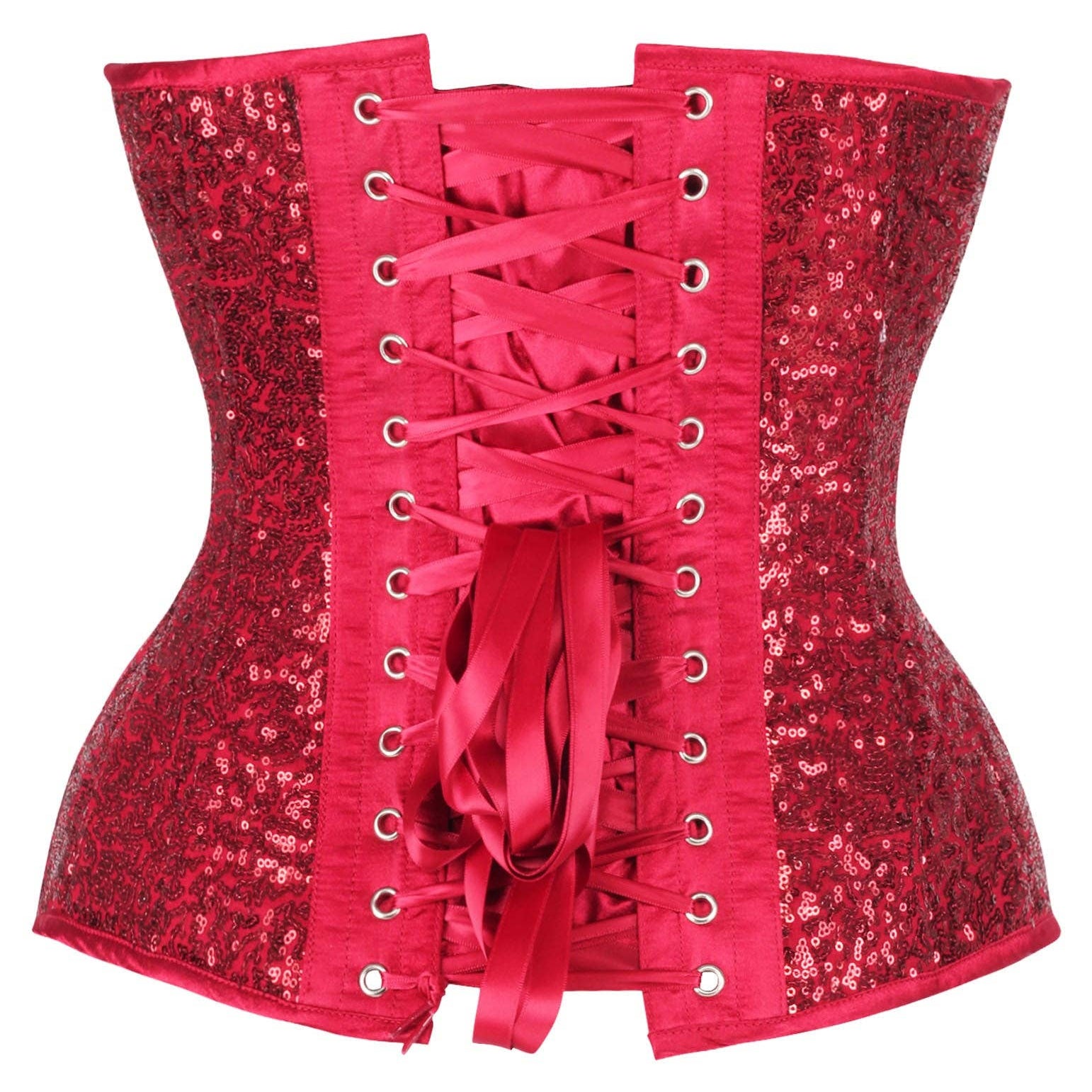Steel Boned Red Sequin Plunge Neckline Overbust Corset Lingerie by Daisy Corsets- The Nookie
