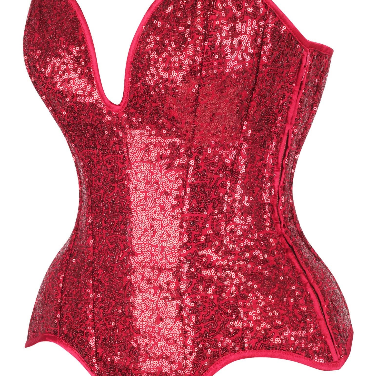Steel Boned Red Sequin Plunge Neckline Overbust Corset Lingerie by Daisy Corsets- The Nookie