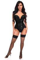 Steel Boned Black Sequin Plunge Neckline Overbust Corset Lingerie by Daisy Corsets- The Nookie
