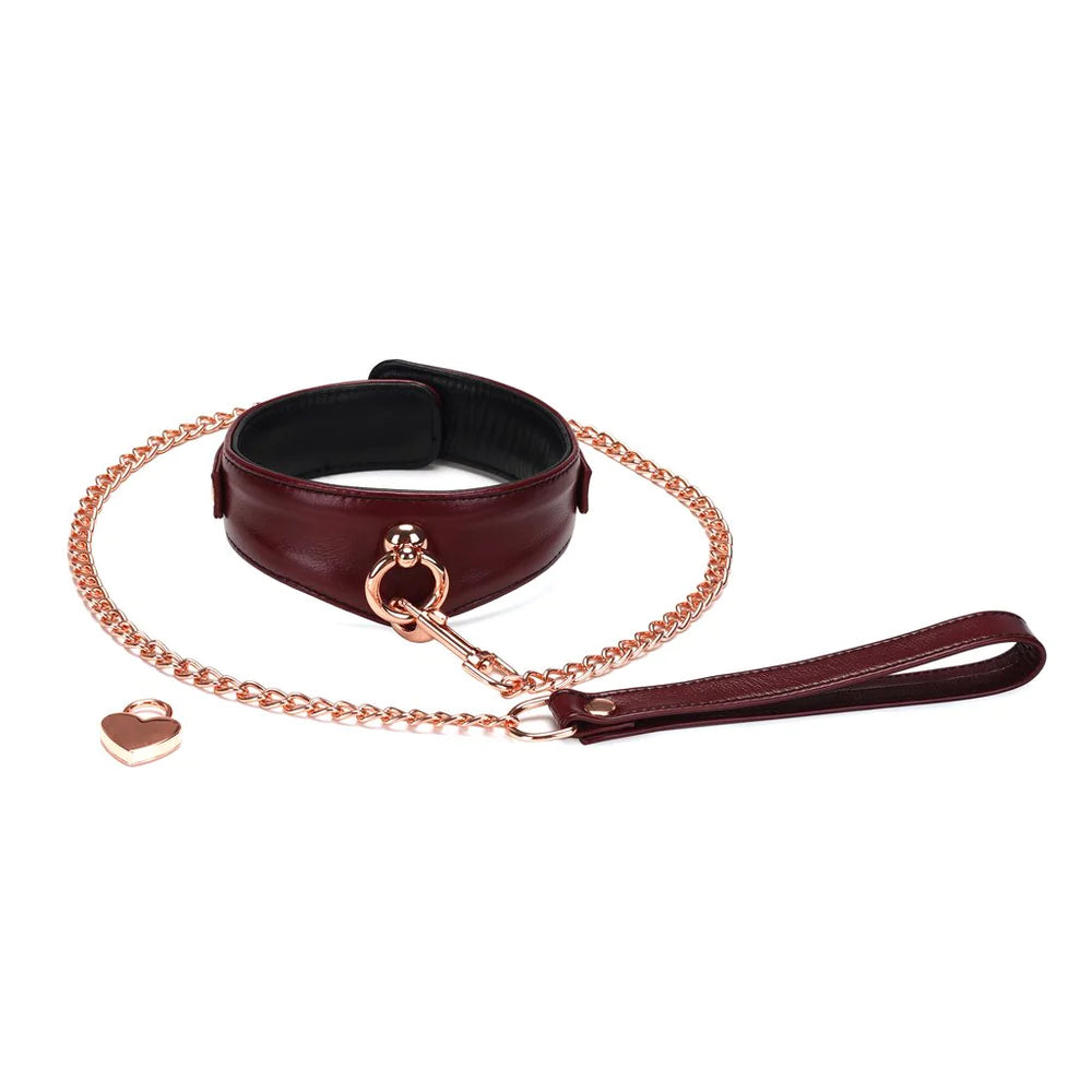 Wine Red Leather Collar with Leash and Lock Kink by Liebe Seele- The Nookie