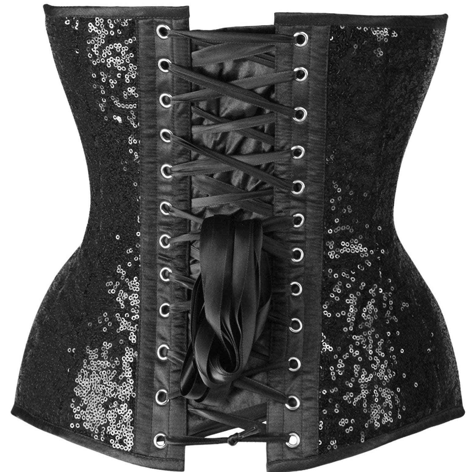 Steel Boned Black Sequin Plunge Neckline Overbust Corset Lingerie by Daisy Corsets- The Nookie