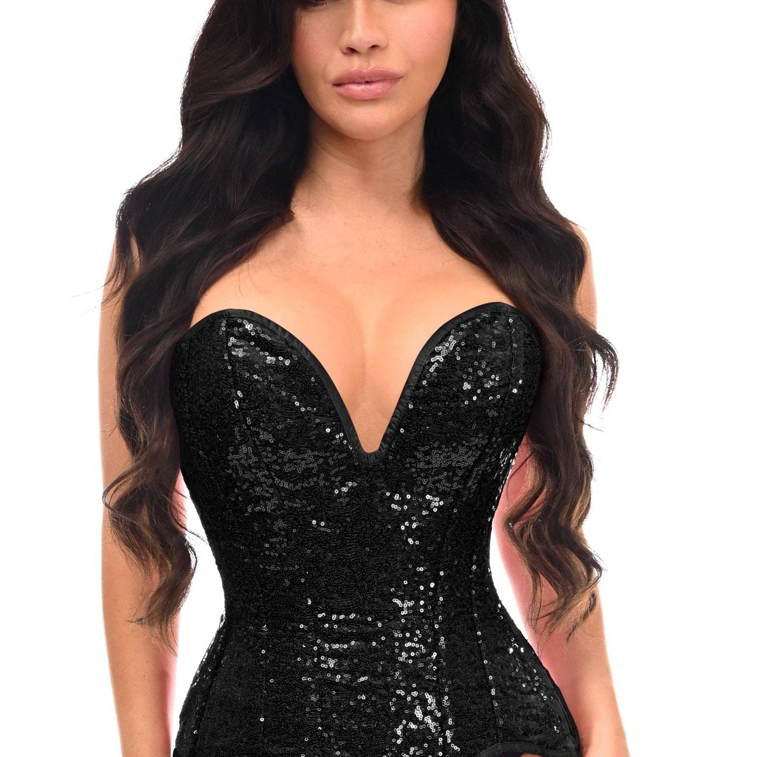 Steel Boned Black Sequin Plunge Neckline Overbust Corset Lingerie by Daisy Corsets- The Nookie