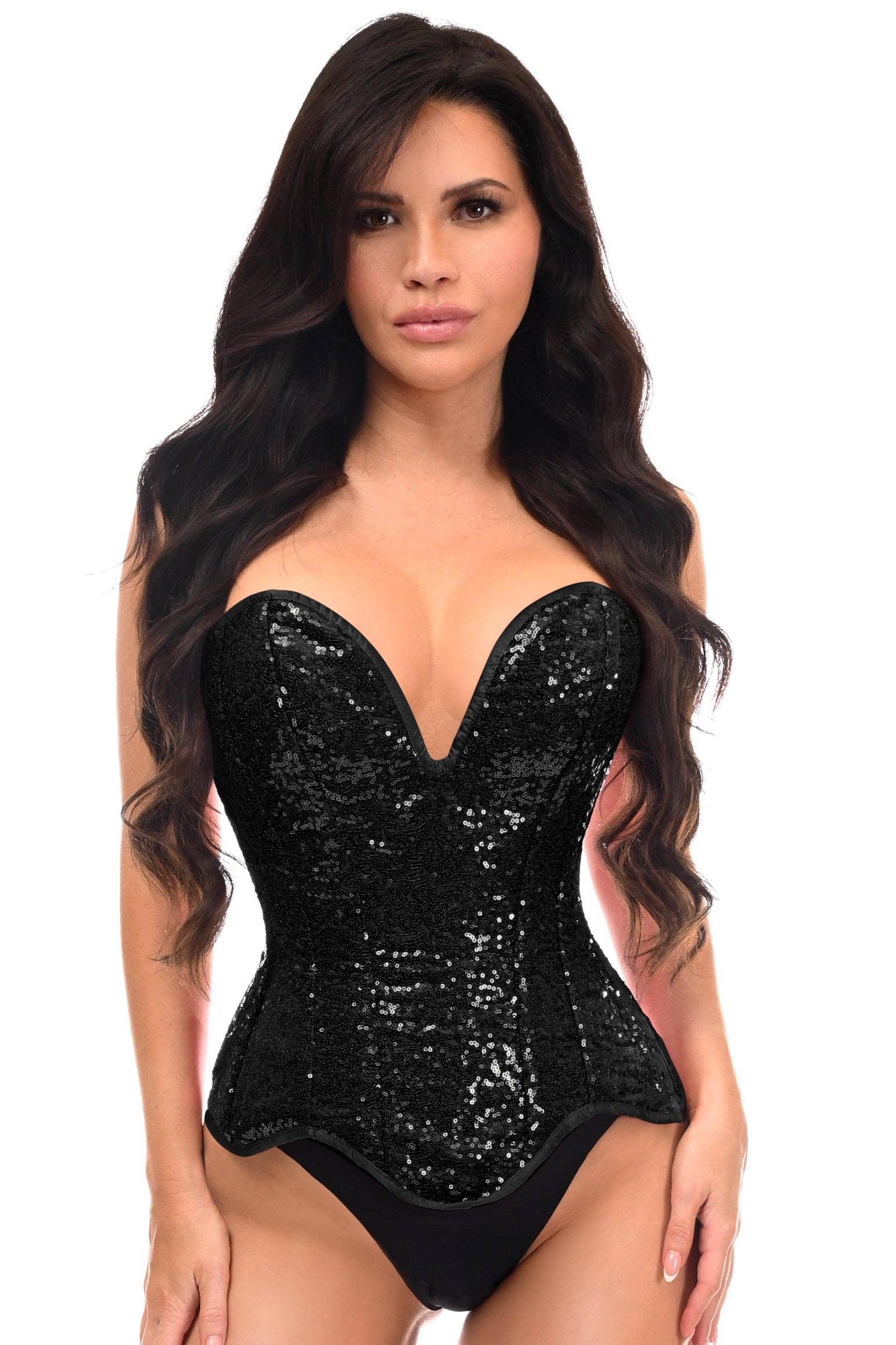 Steel Boned Black Sequin Plunge Neckline Overbust Corset Lingerie by Daisy Corsets- The Nookie
