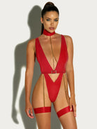Fetish Harness Haven Plunge Teddy Red Lingerie by Oh La La Cheri- The Nookie