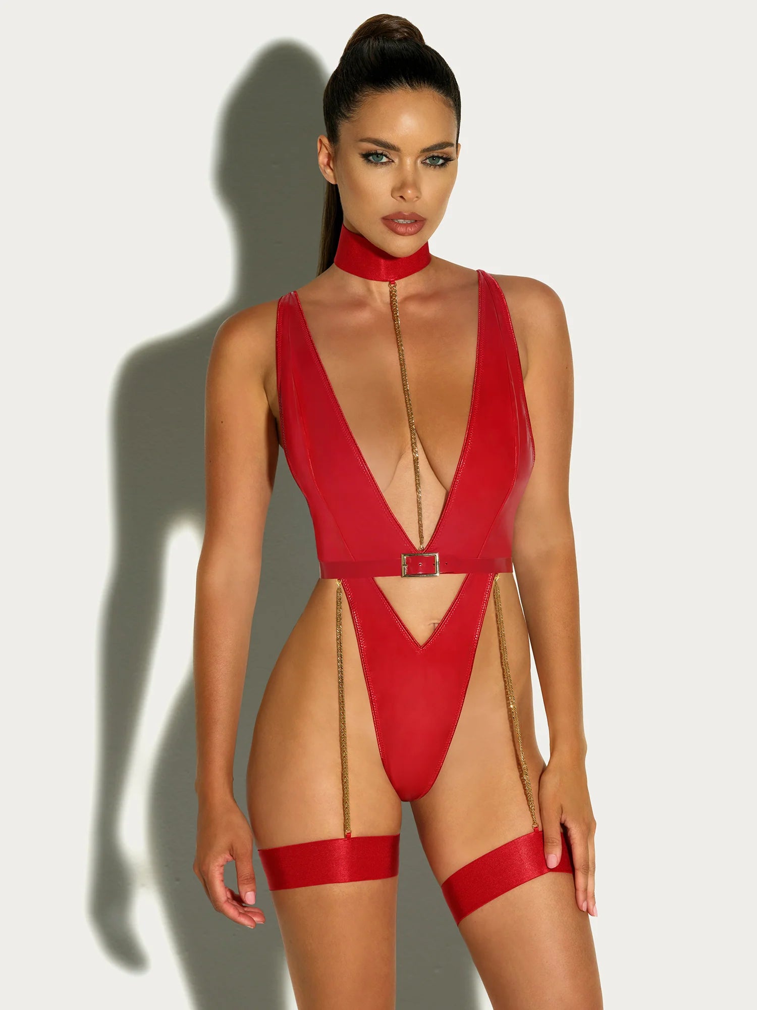 Fetish Harness Haven Plunge Teddy Red Lingerie by Oh La La Cheri- The Nookie
