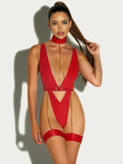 Fetish Harness Haven Plunge Teddy Red Lingerie by Oh La La Cheri- The Nookie