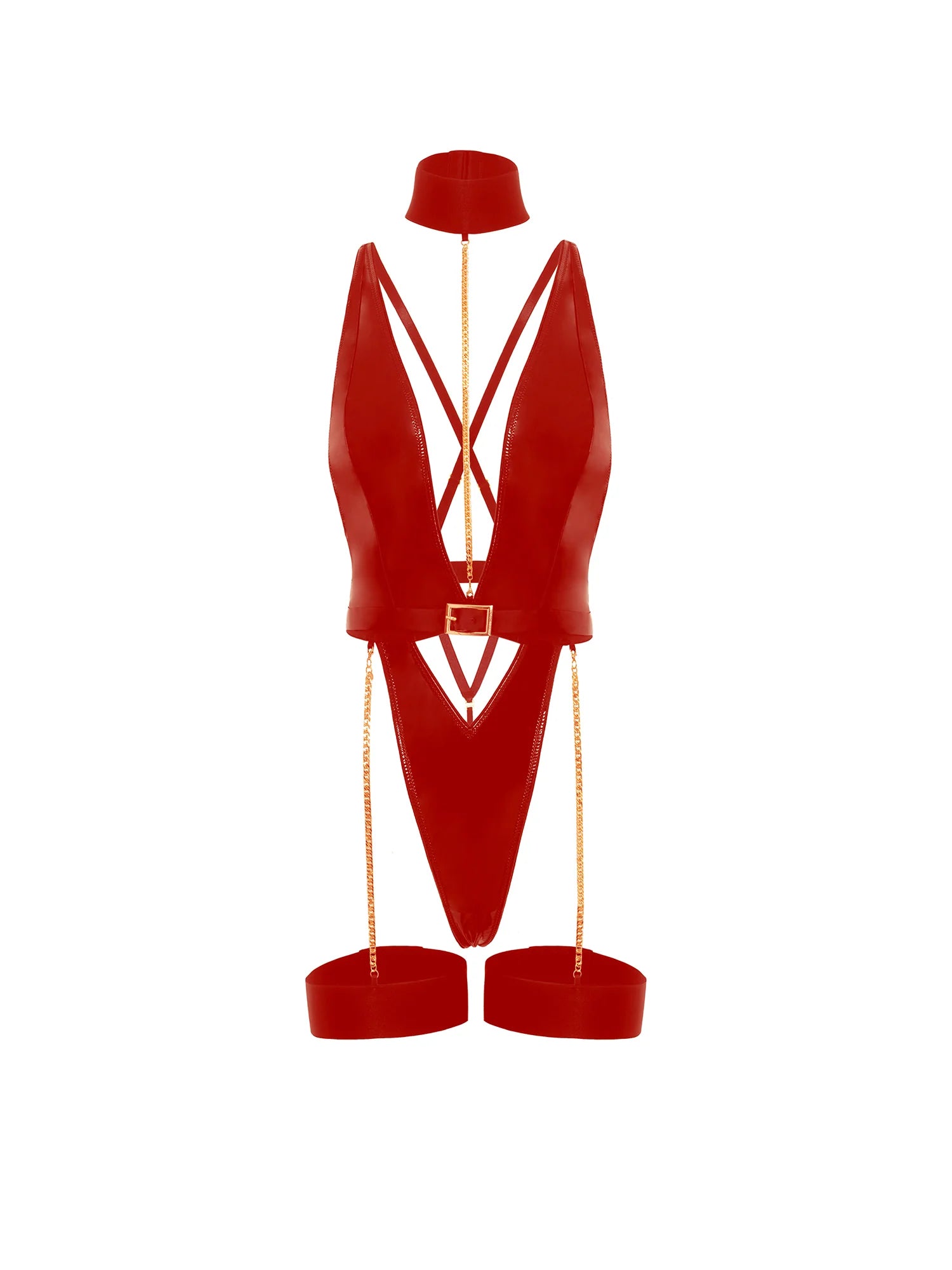 Fetish Harness Haven Plunge Teddy Red Lingerie by Oh La La Cheri- The Nookie