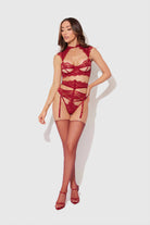 S Dezi Lace & Chain Open Cup Bra, Garter & G-String Set Lingerie by House of Desire- The Nookie