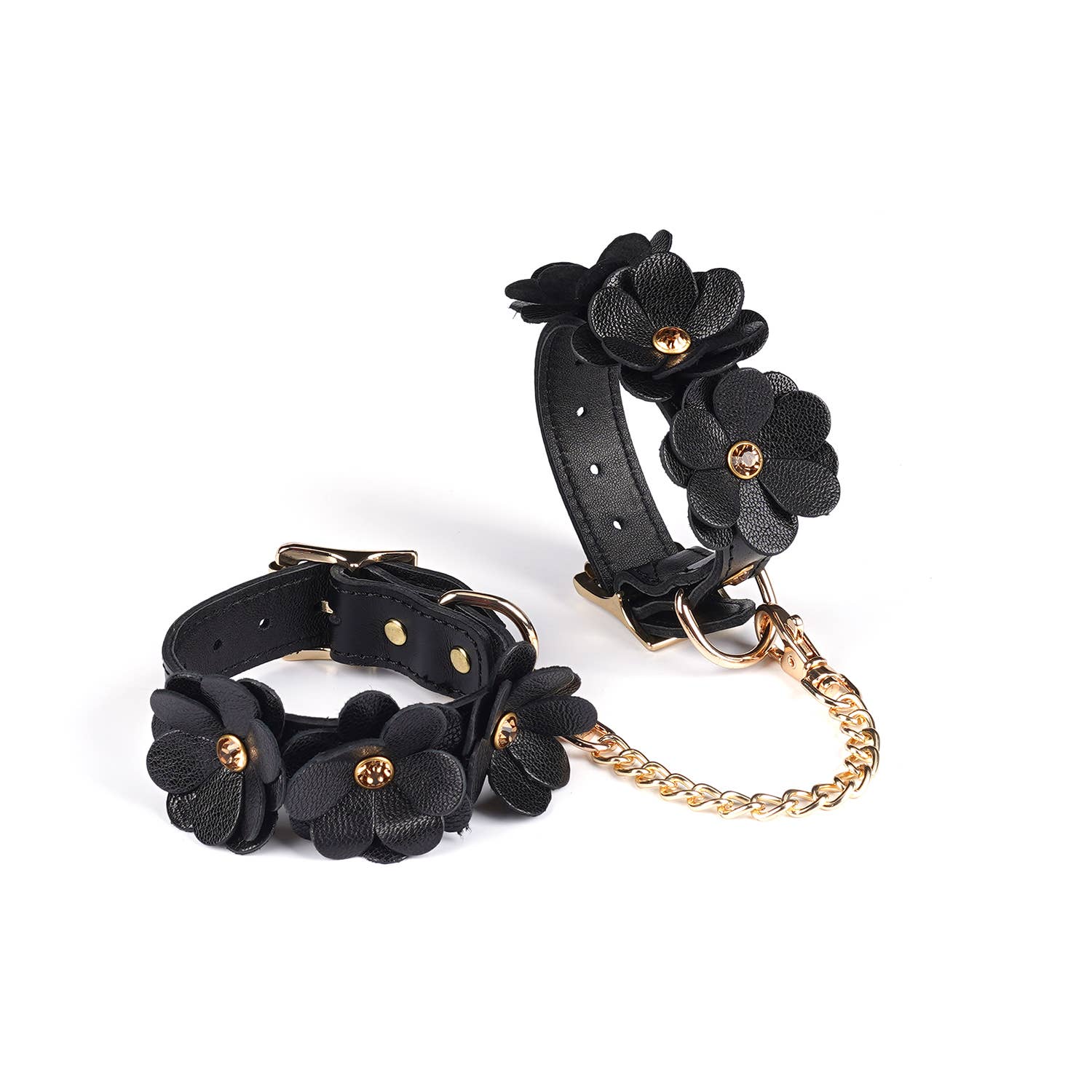 Black Leather Flowers Hand Cuffs Kink by Liebe Seele- The Nookie