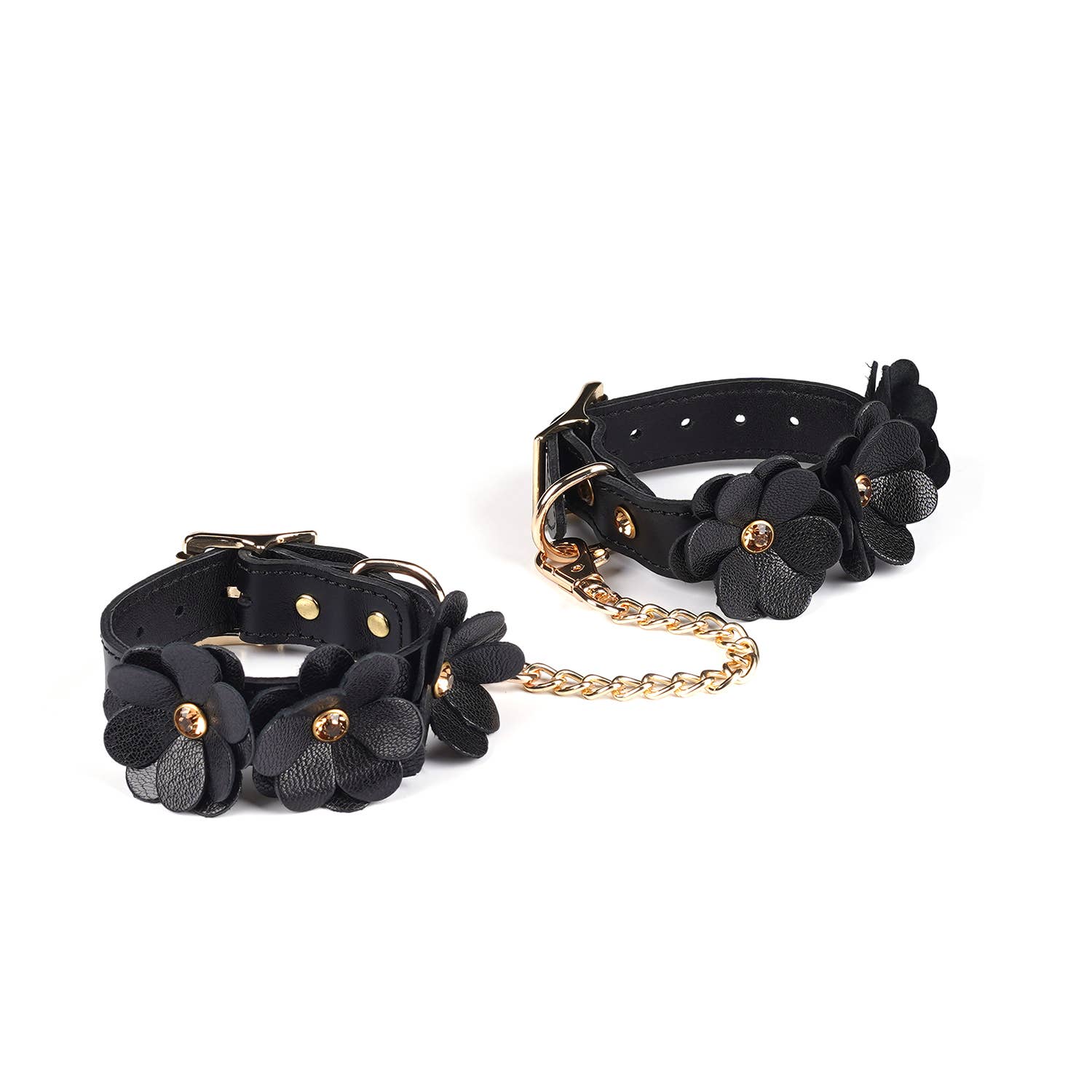 Black Leather Flowers Hand Cuffs Kink by Liebe Seele- The Nookie