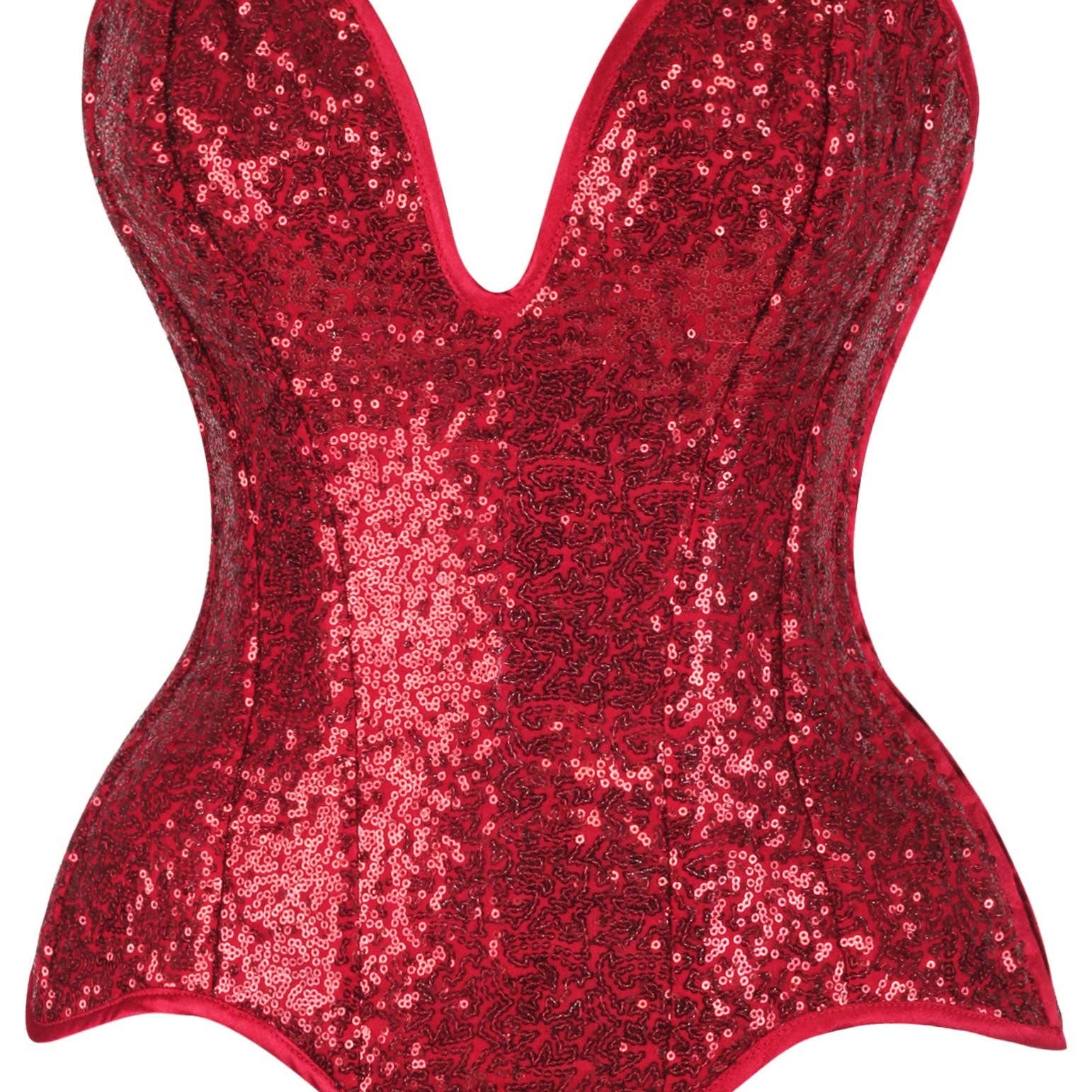 Steel Boned Red Sequin Plunge Neckline Overbust Corset Lingerie by Daisy Corsets- The Nookie