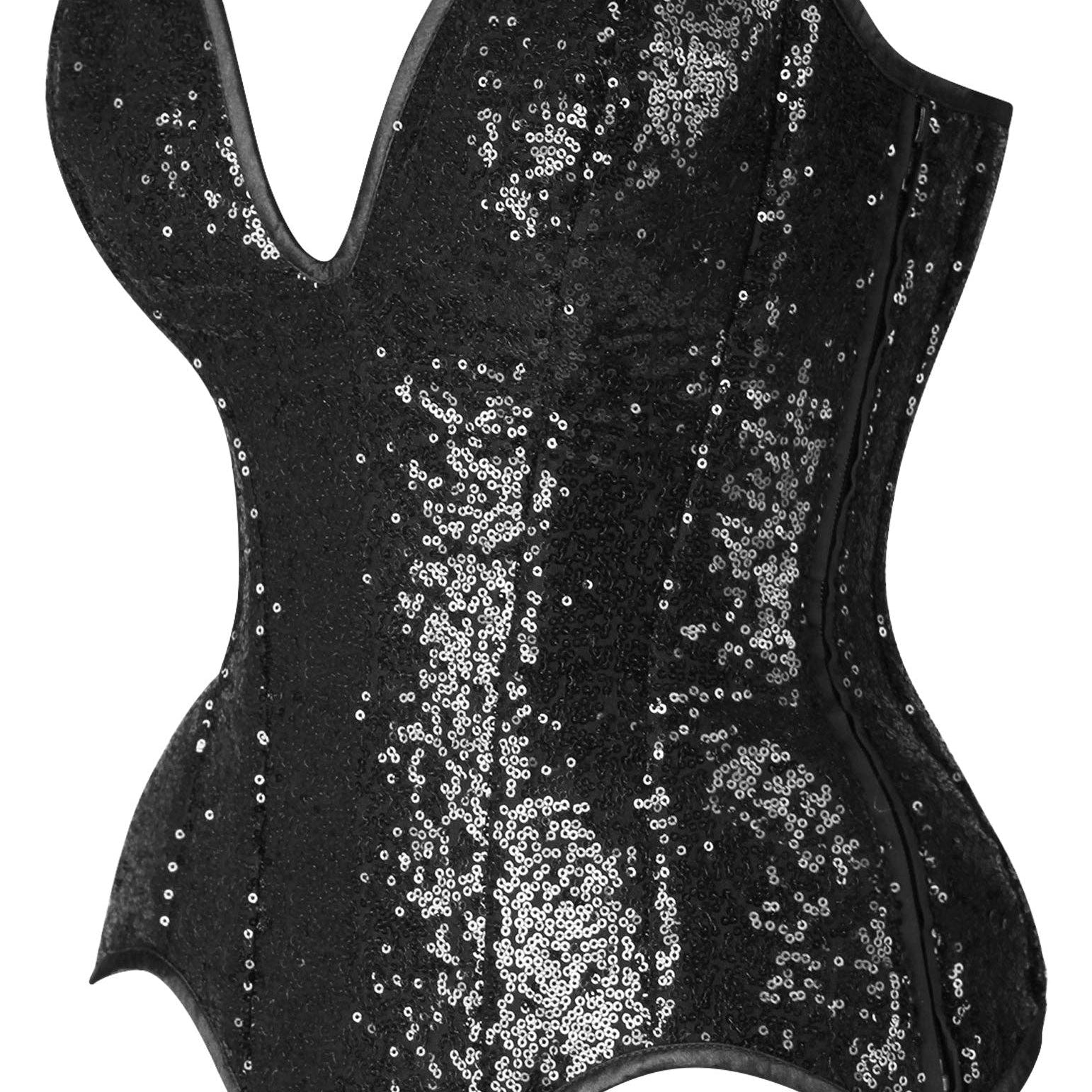 Steel Boned Black Sequin Plunge Neckline Overbust Corset Lingerie by Daisy Corsets- The Nookie