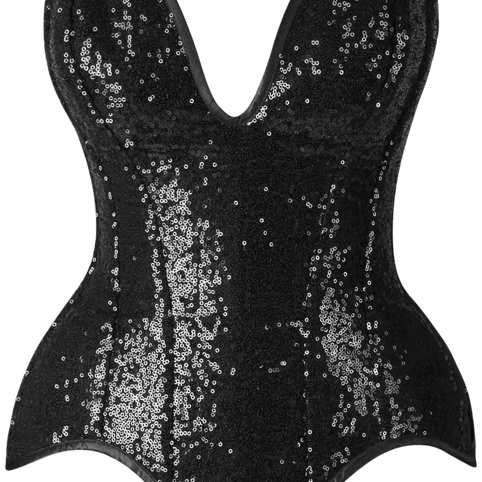 Steel Boned Black Sequin Plunge Neckline Overbust Corset Lingerie by Daisy Corsets- The Nookie