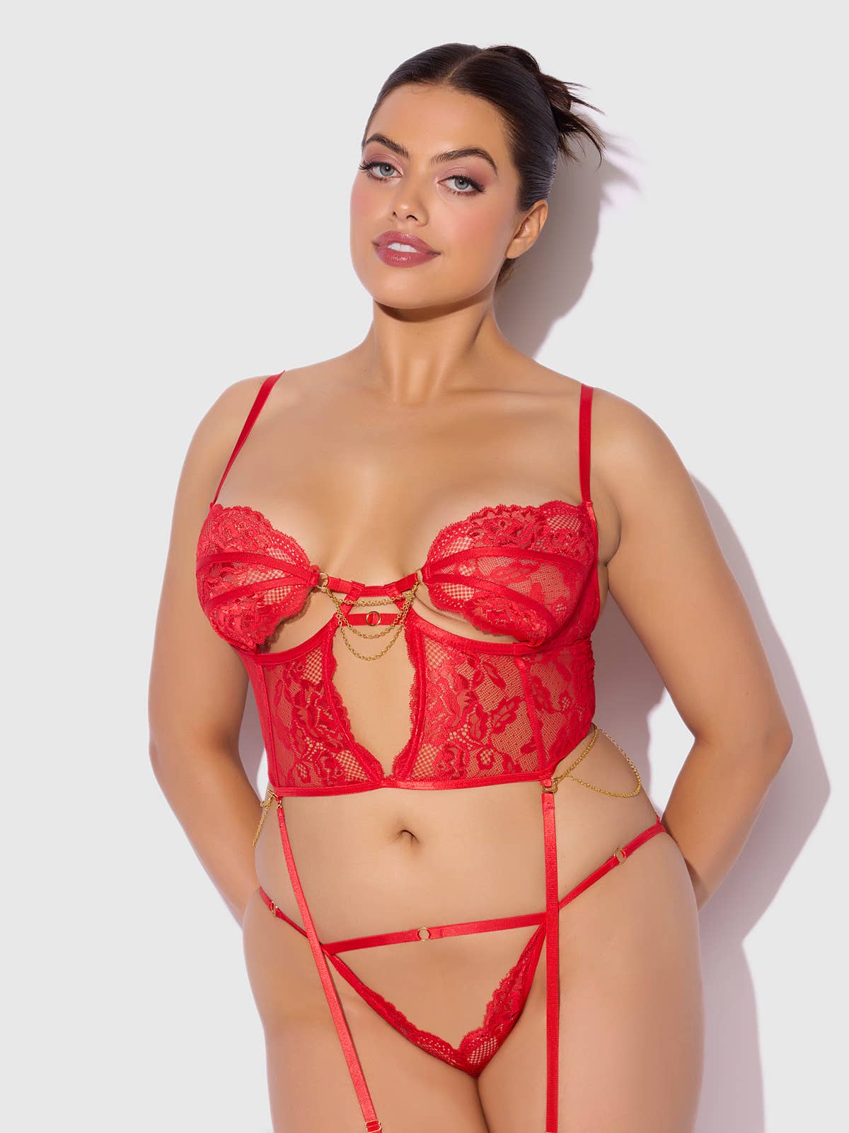 Cecily Lace & Chain Bustier & Hipster Set in Red Lingerie by House of Desire- The Nookie