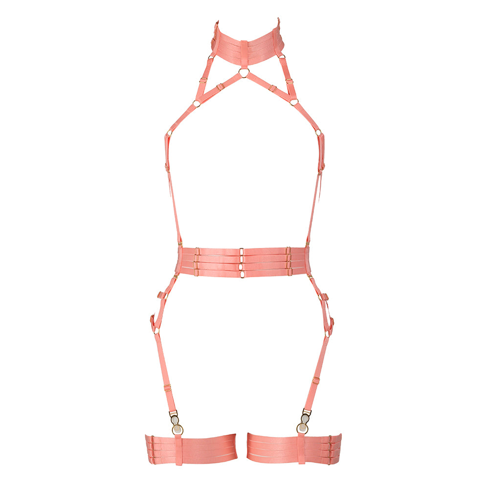 Alivia Bondage Playsuit in Peach with Golden Sliders Lingerie by Flash You & Me- The Nookie