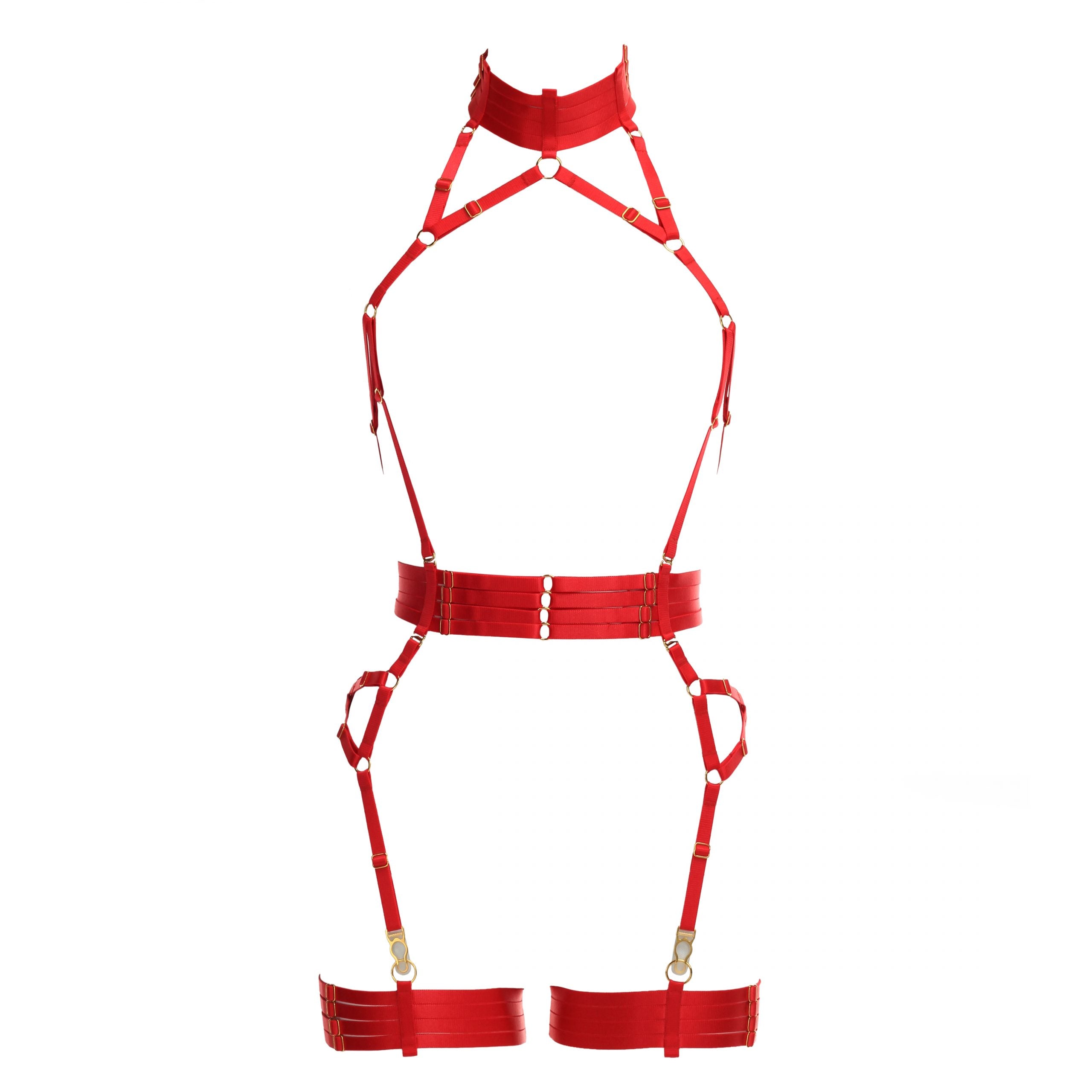 Alivia Bondage Playsuit in Red with Golden Sliders Lingerie by Flash You & Me- The Nookie