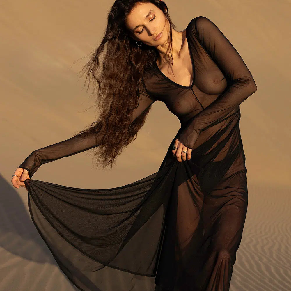 Sheer Black Mesh Midi Dress Lingerie by Flash You & Me- The Nookie