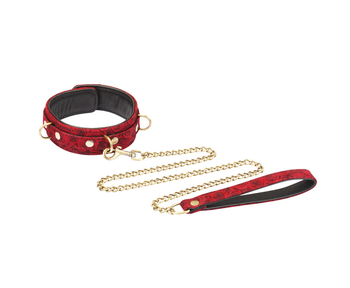 Kinbaku Ukiyoe Red Rosy Suede Leather Collar and Leash Kink by Liebe Seele- The Nookie