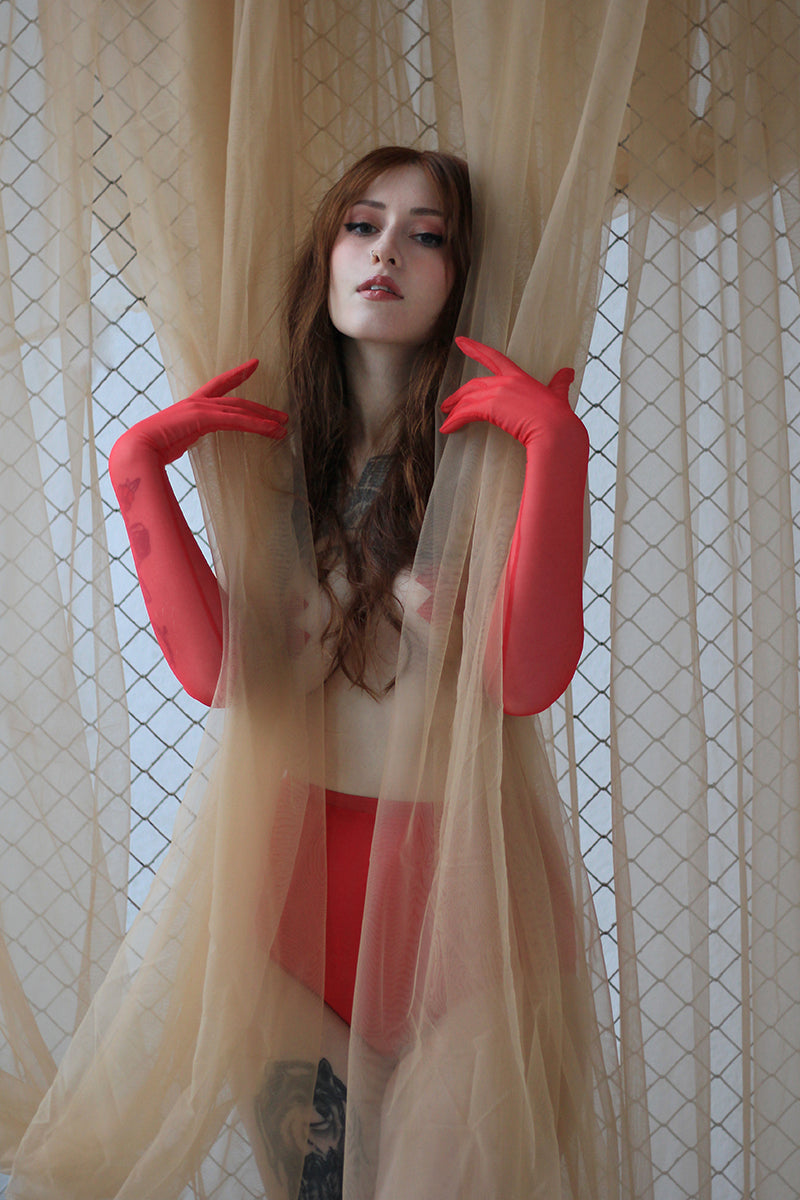 Long Sheer Red Mesh Gloves Lingerie by Flash You & Me- The Nookie