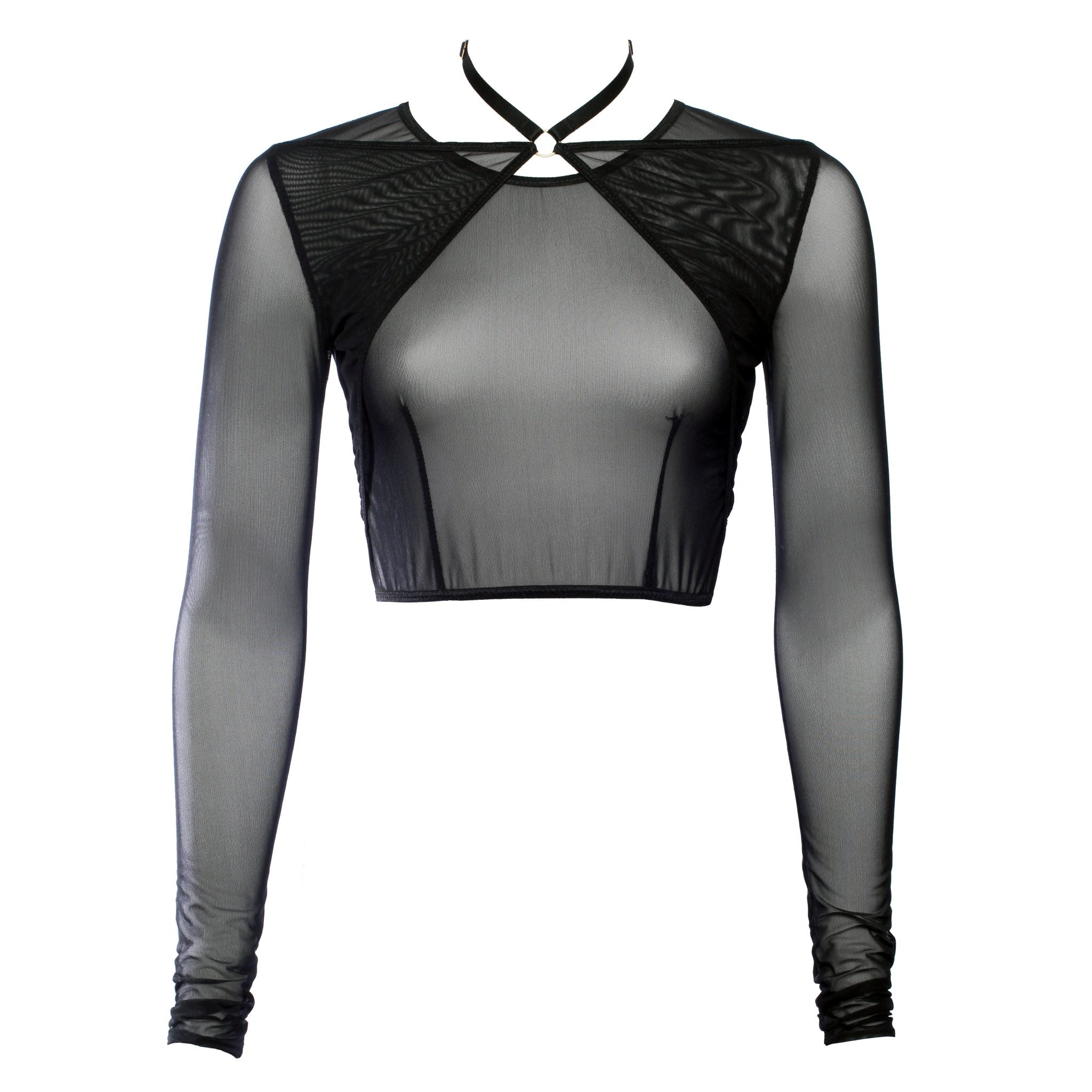 S Black Mesh Choker Crop Top With Long Sleeves Lingerie by Flash You & Me- The Nookie