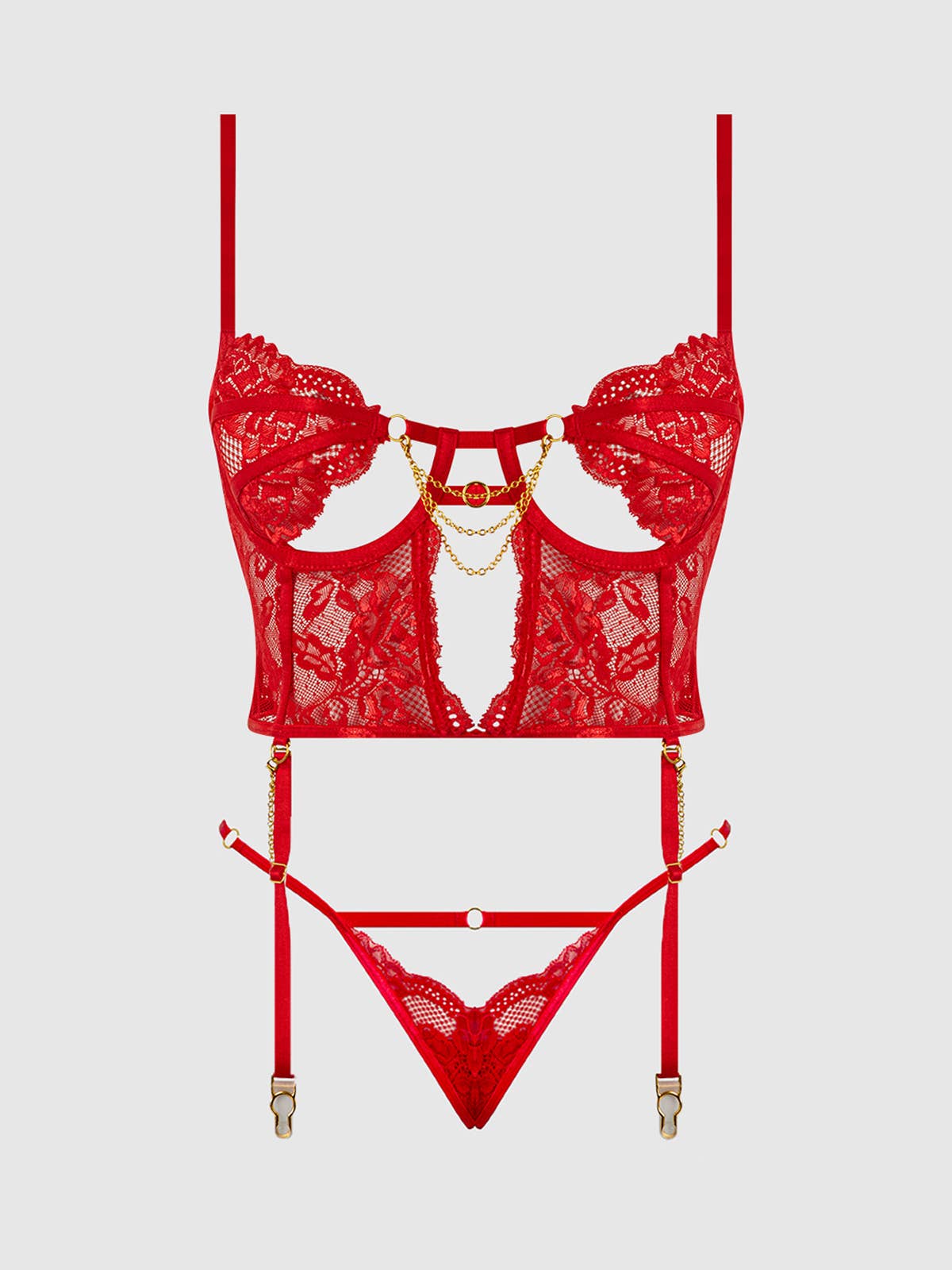 Cecily Lace & Chain Bustier & Hipster Set in Red Lingerie by House of Desire- The Nookie