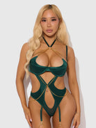 S Evangeline Satin & Chain Halter Teddy in Emerald Lingerie by House of Desire- The Nookie