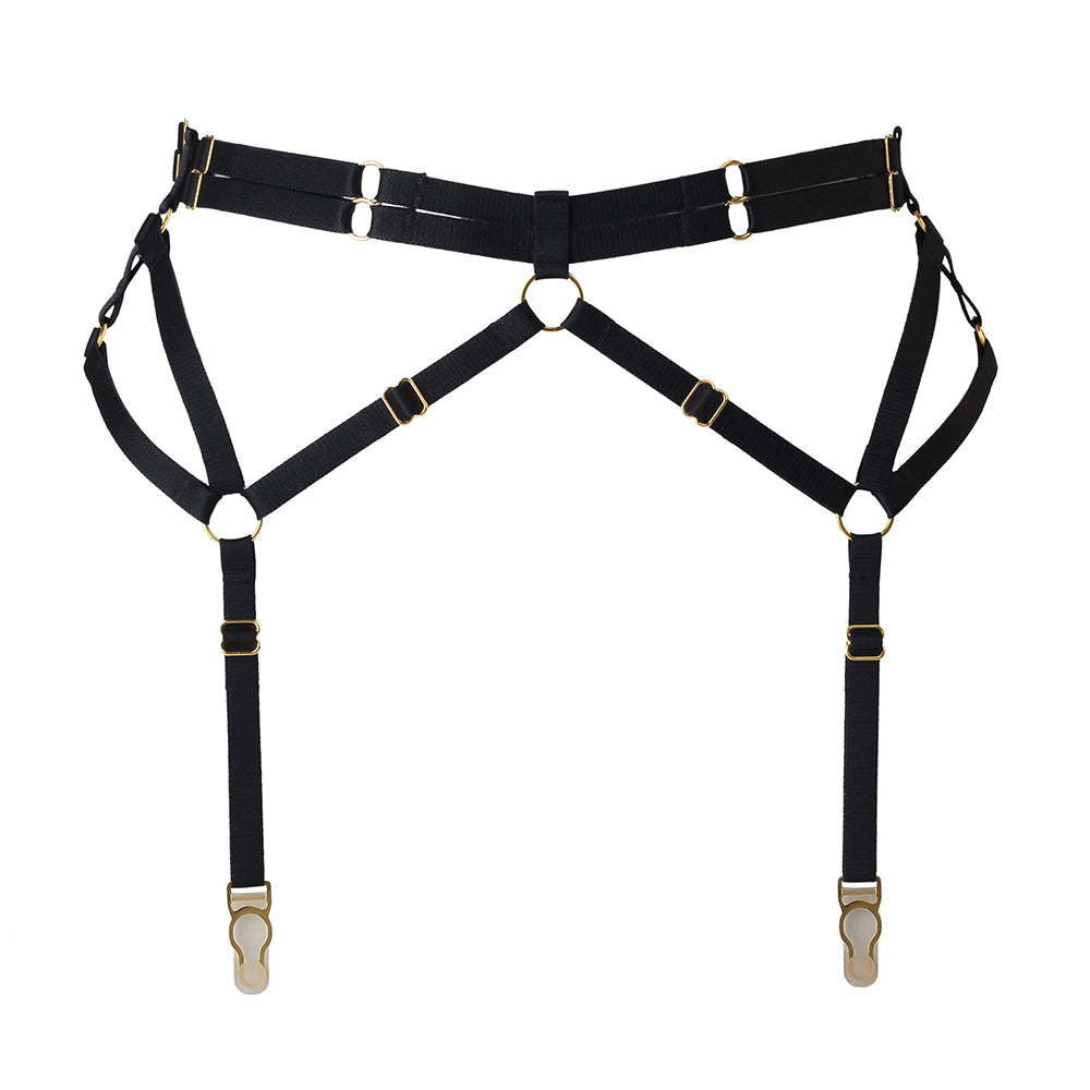 Adjustable Black Bondage Garter Belt with Gold Sliders Lingerie by Flash You & Me- The Nookie