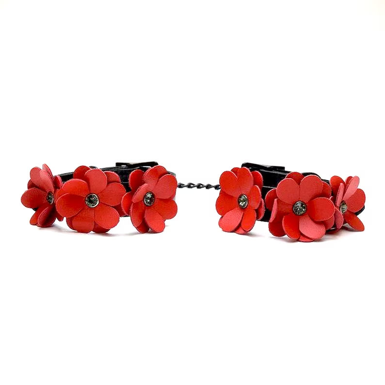 Black and Red Leather Flowers Ankle Cuffs Kink by Liebe Seele- The Nookie