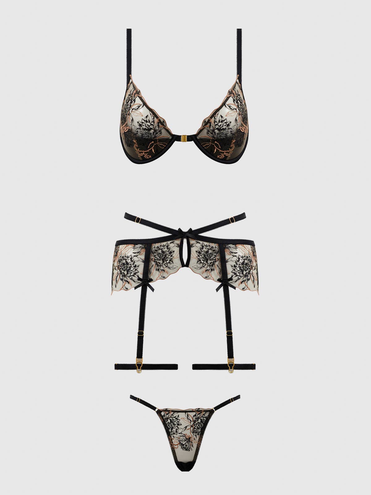 Delilah Embroidered Push Up Bra, Garter & Thong Set Lingerie by House of Desire- The Nookie