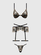Delilah Embroidered Push Up Bra, Garter & Thong Set Lingerie by House of Desire- The Nookie