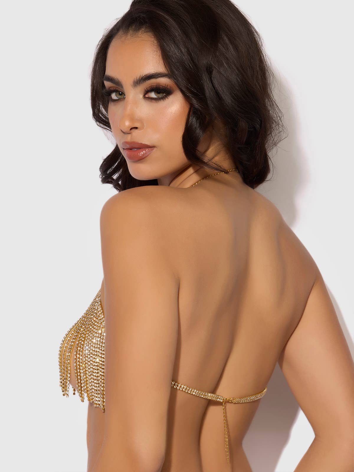 Rhinestone Dangle V-Neck Bra in Gold Lingerie by House of Desire- The Nookie