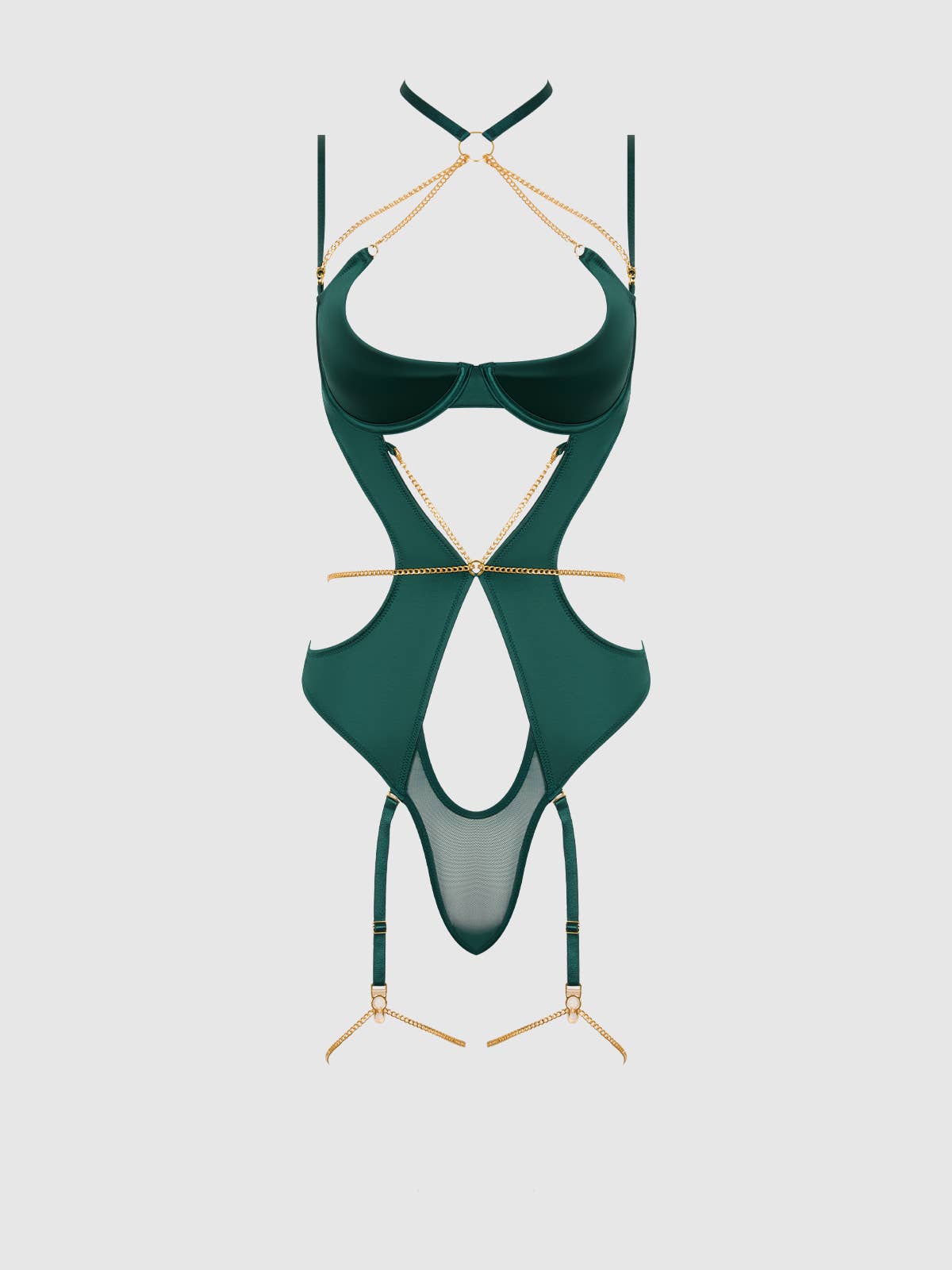 Evangeline Satin & Chain Halter Teddy in Emerald Lingerie by House of Desire- The Nookie