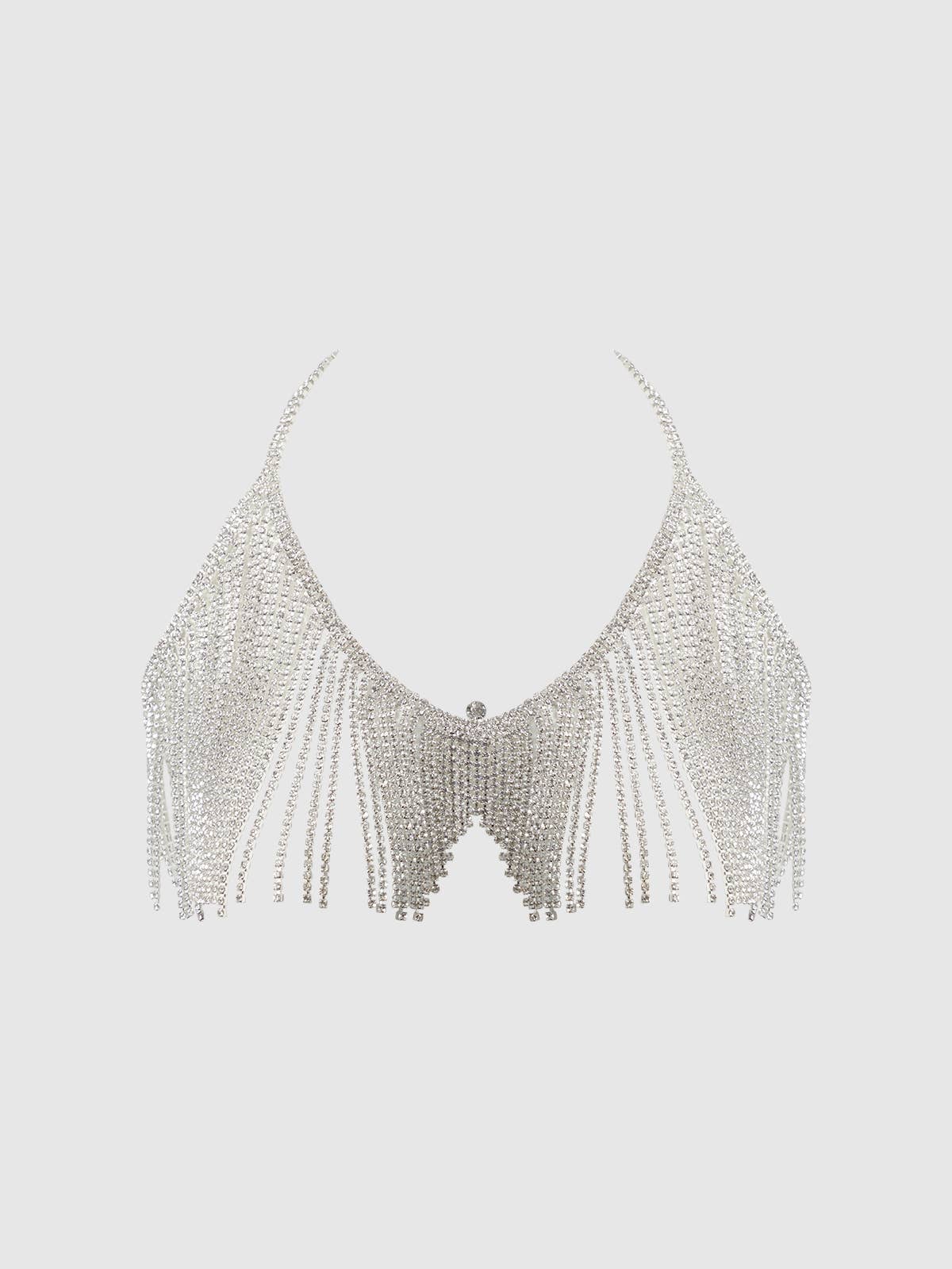 Rhinestone Dangle V-Neck Bra in Silver Lingerie by House of Desire- The Nookie