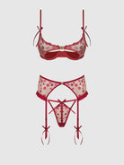Angelina Lips Embroidery Open Cup Bra, Garter & Bow G-string Set Lingerie by House of Desire- The Nookie
