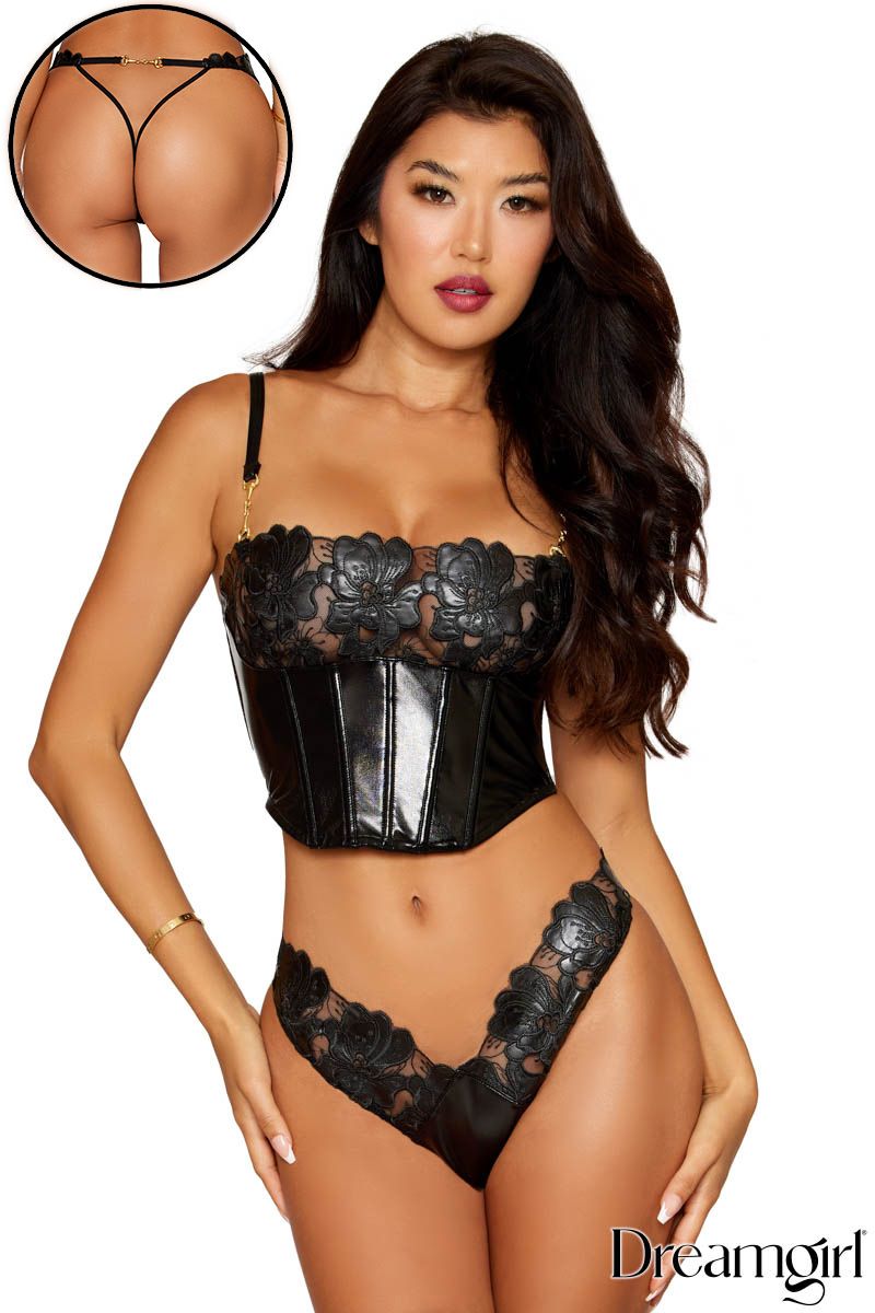 Wet Look Flower Top Bustier 2PC Lingerie by Dreamgirl- The Nookie