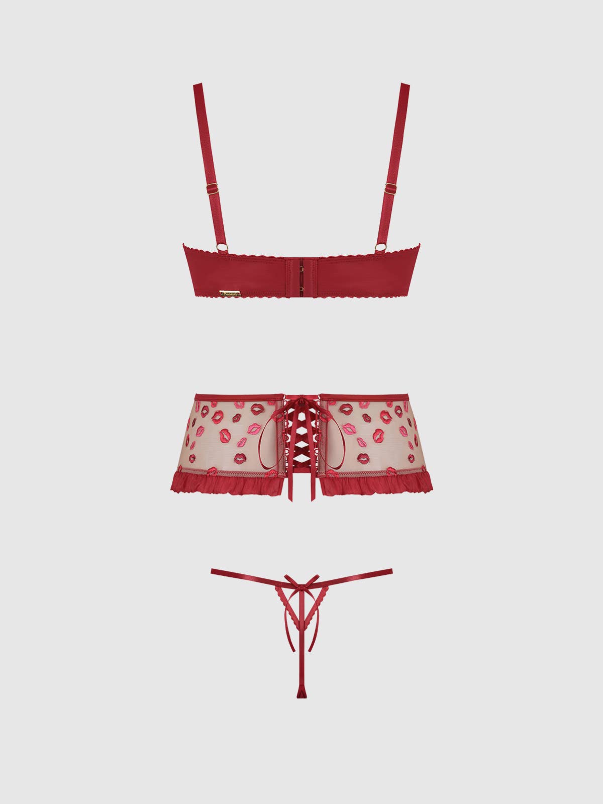 Angelina Lips Embroidery Open Cup Bra, Garter & Bow G-string Set Lingerie by House of Desire- The Nookie