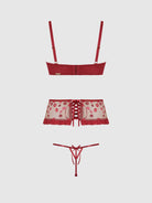 Angelina Lips Embroidery Open Cup Bra, Garter & Bow G-string Set Lingerie by House of Desire- The Nookie