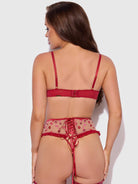 Angelina Lips Embroidery Open Cup Bra, Garter & Bow G-string Set Lingerie by House of Desire- The Nookie