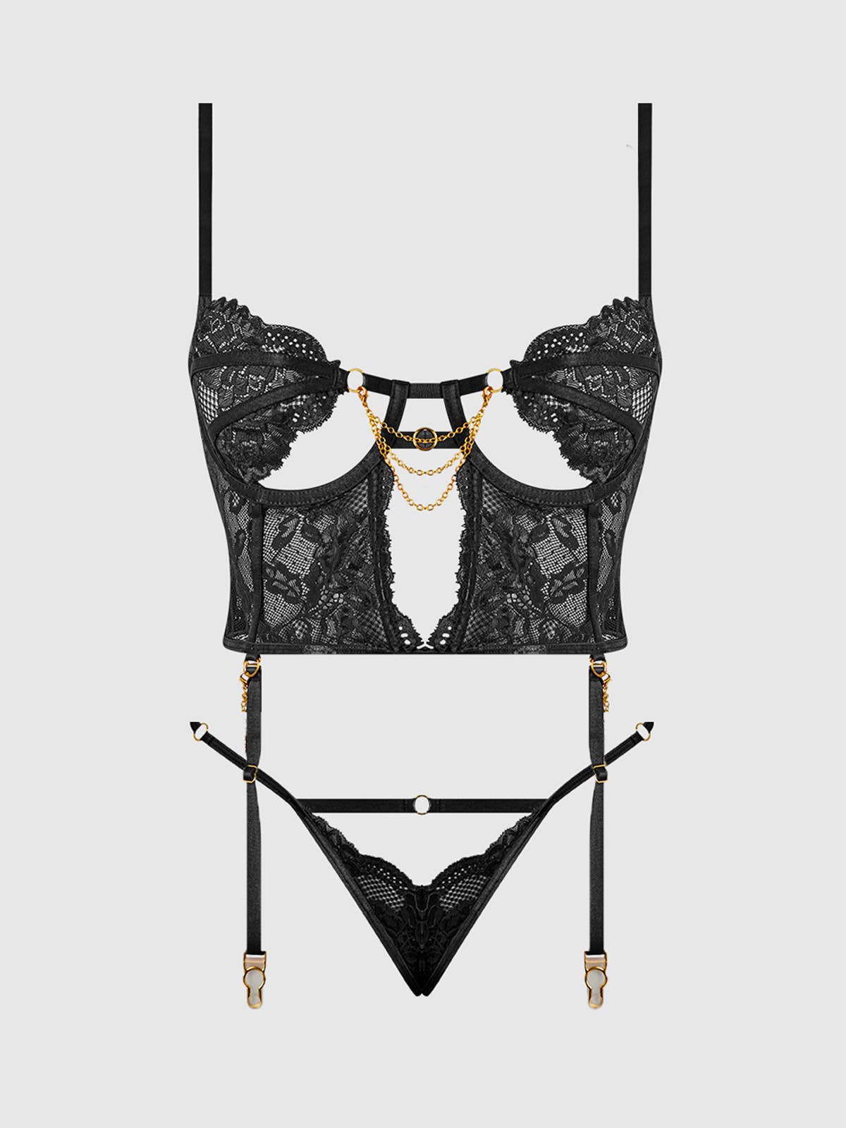 Cecily Lace & Chain Bustier & Hipster Set in Black Lingerie by House of Desire- The Nookie