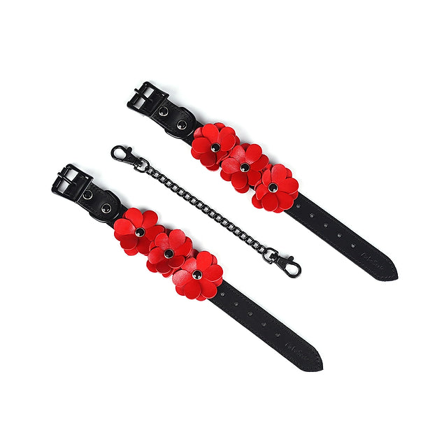 Black and Red Leather Flowers Hand Cuffs Kink by Liebe Seele- The Nookie
