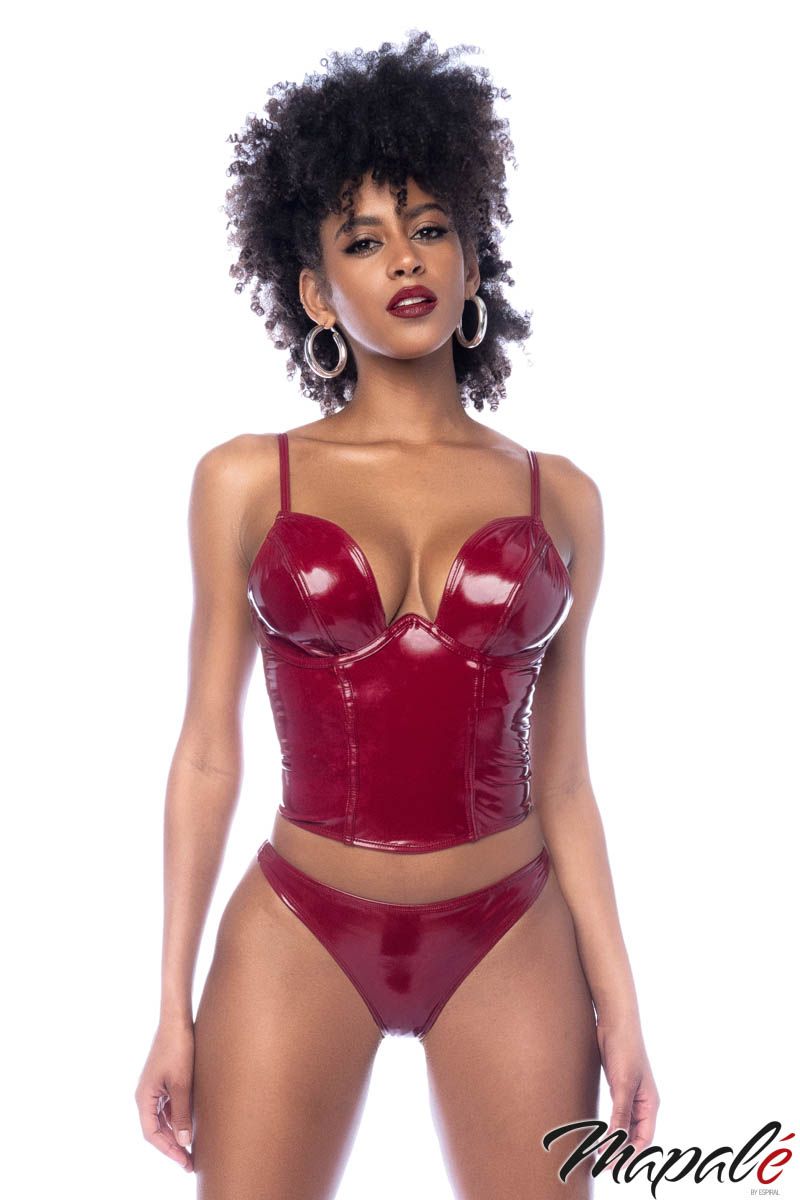 Wet Look Bustier Set in Wine Lingerie by Mapalé- The Nookie