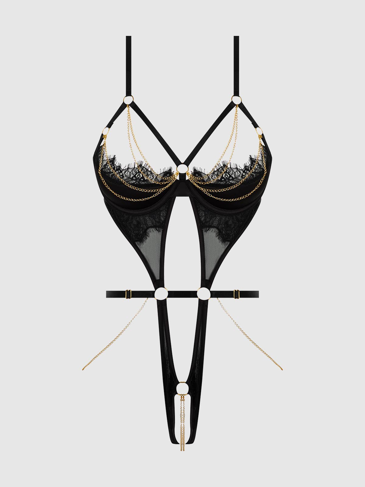 Eve Lace & Chain Crotchless Harness Teddy Lingerie by House of Desire- The Nookie