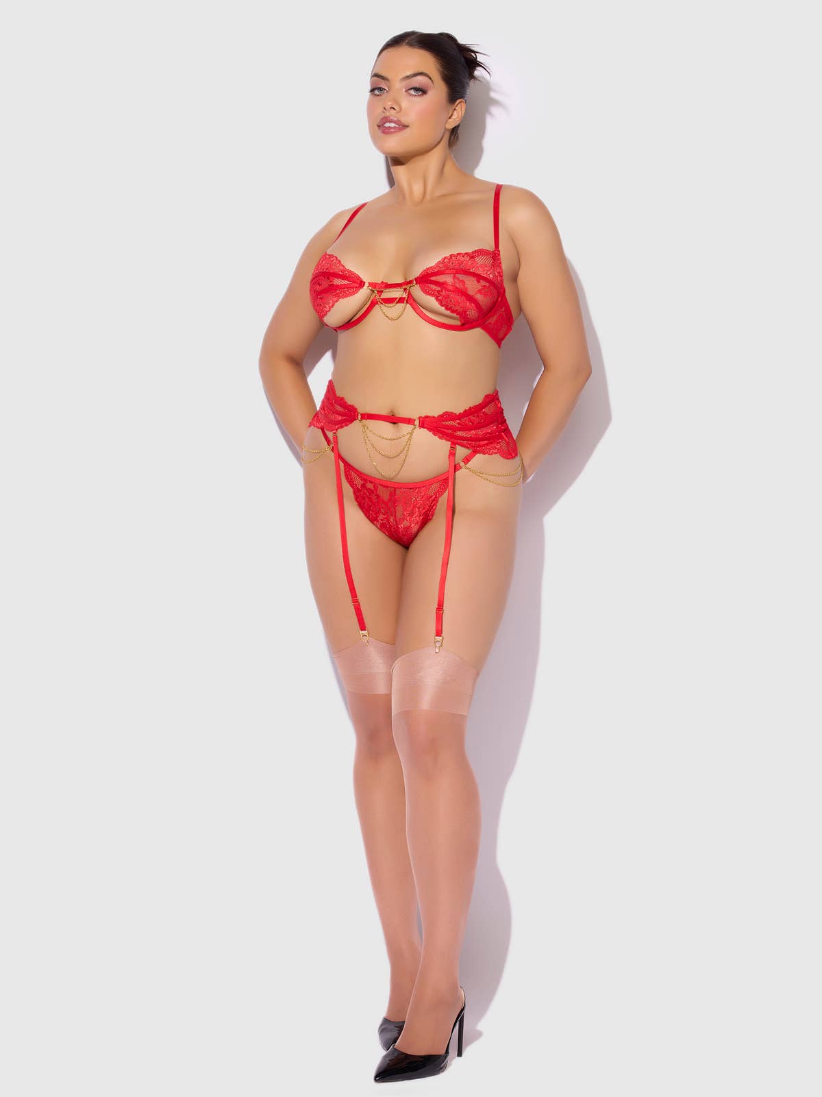 Cecily Lace & Chain Bra, Garter & G-string Set Lingerie by House of Desire- The Nookie