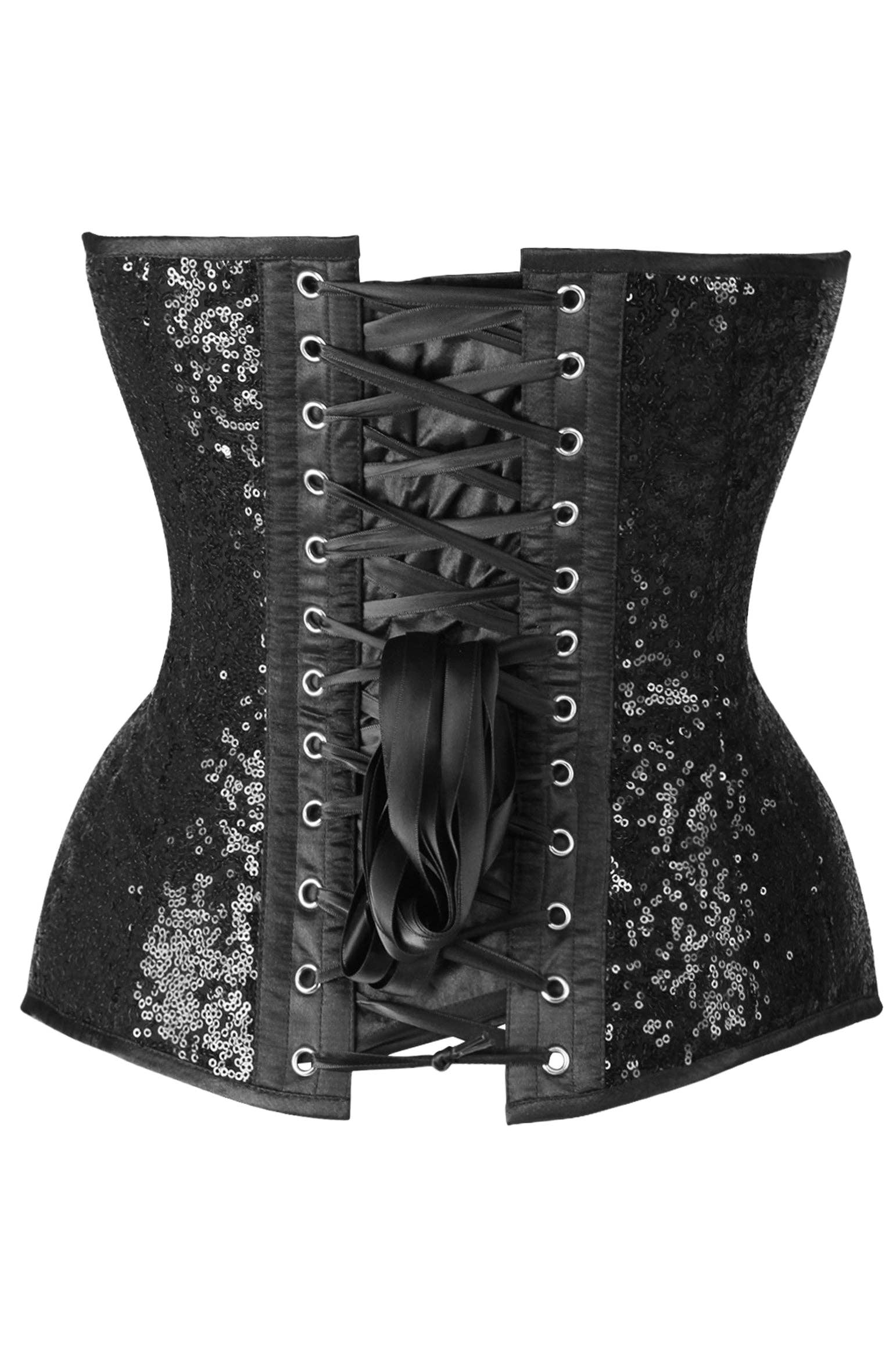  Steel Boned Black Sequin Plunge Neckline Overbust Corset Lingerie by Daisy Corsets- The Nookie