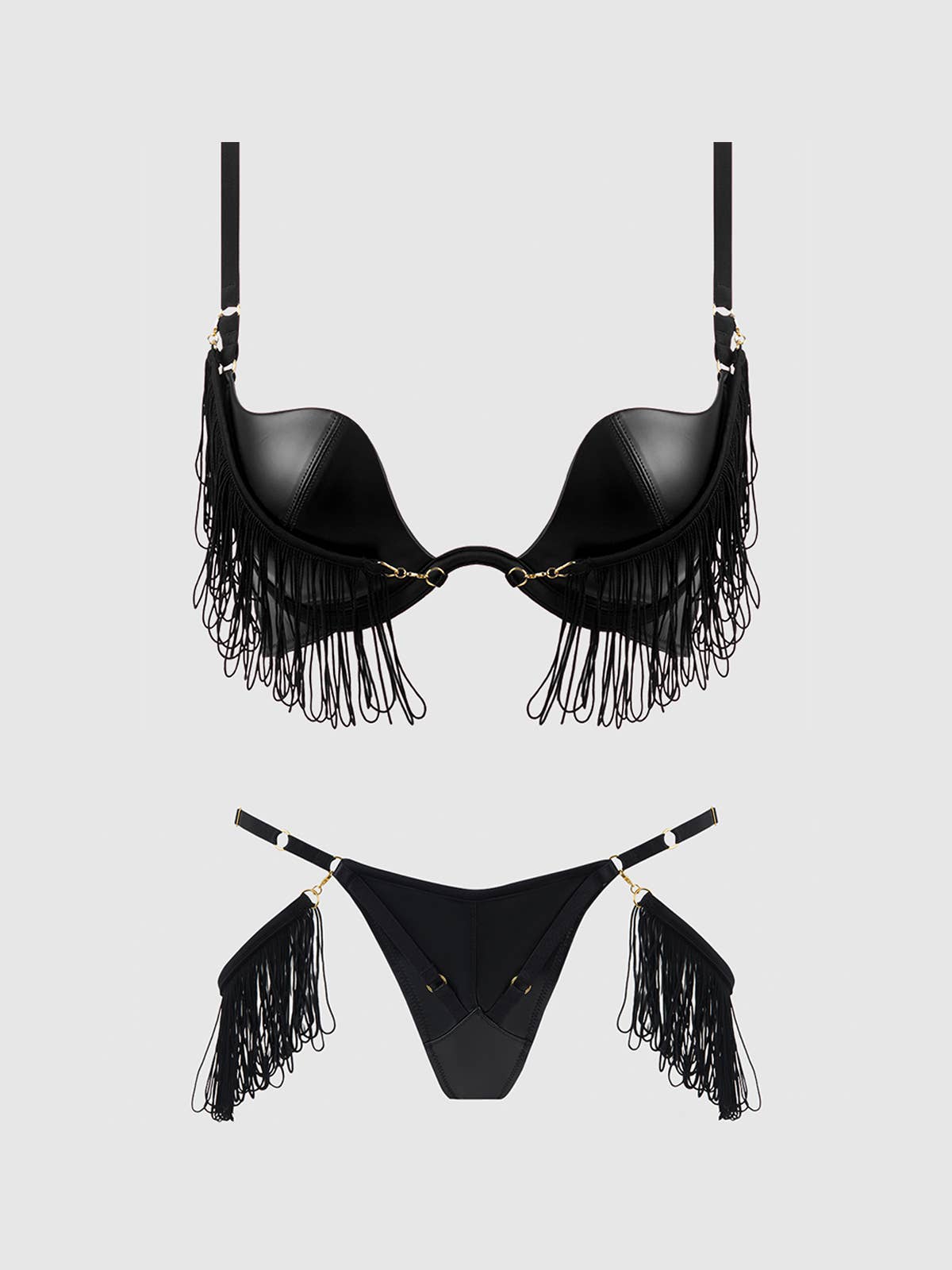 Phoenix Faux Leather & Fringe Push Up Bra & Thong Set Lingerie by House of Desire- The Nookie