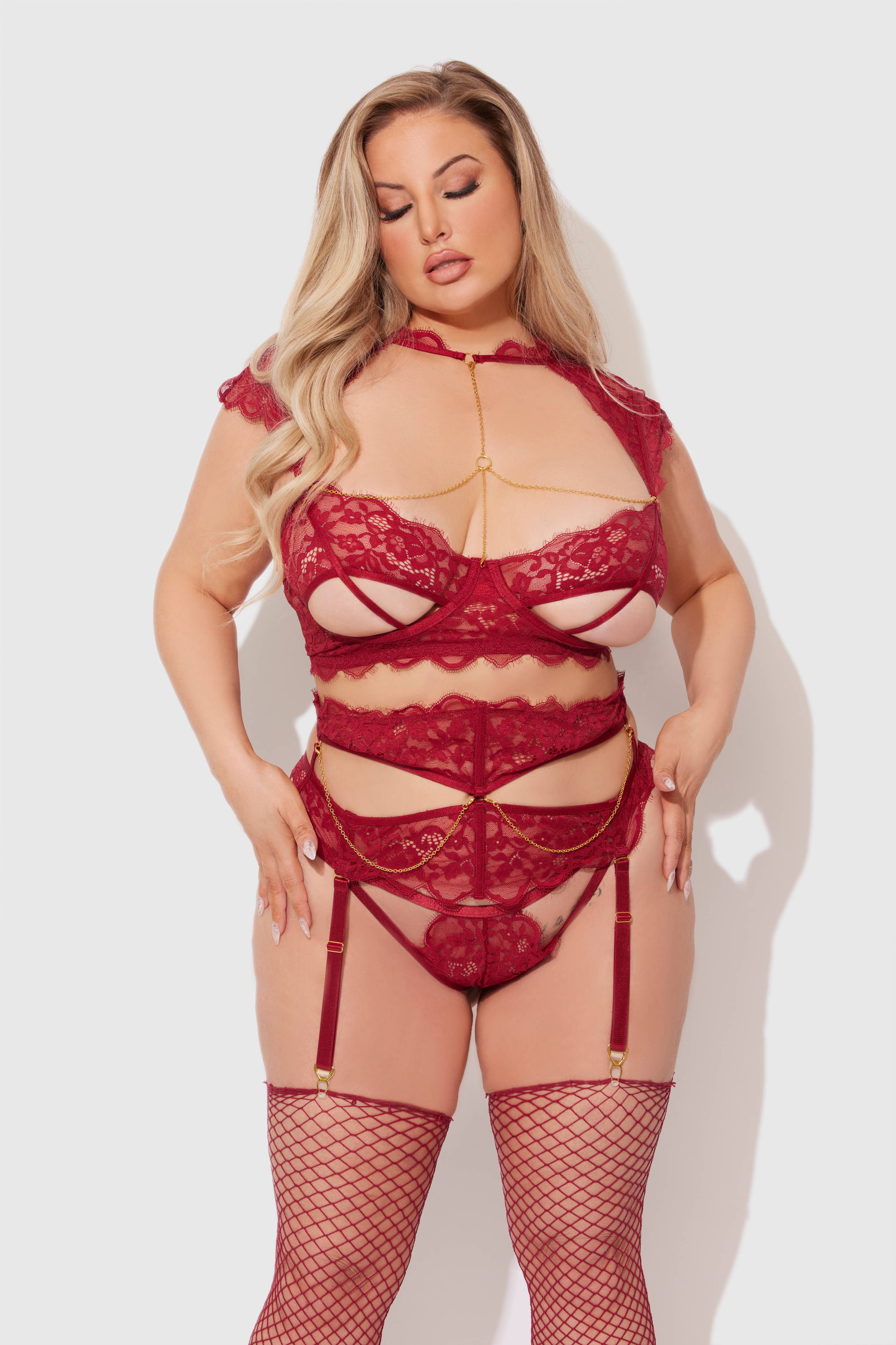 Dezi Lace & Chain Open Cup Bra, Garter & G-String Set Lingerie by House of Desire- The Nookie