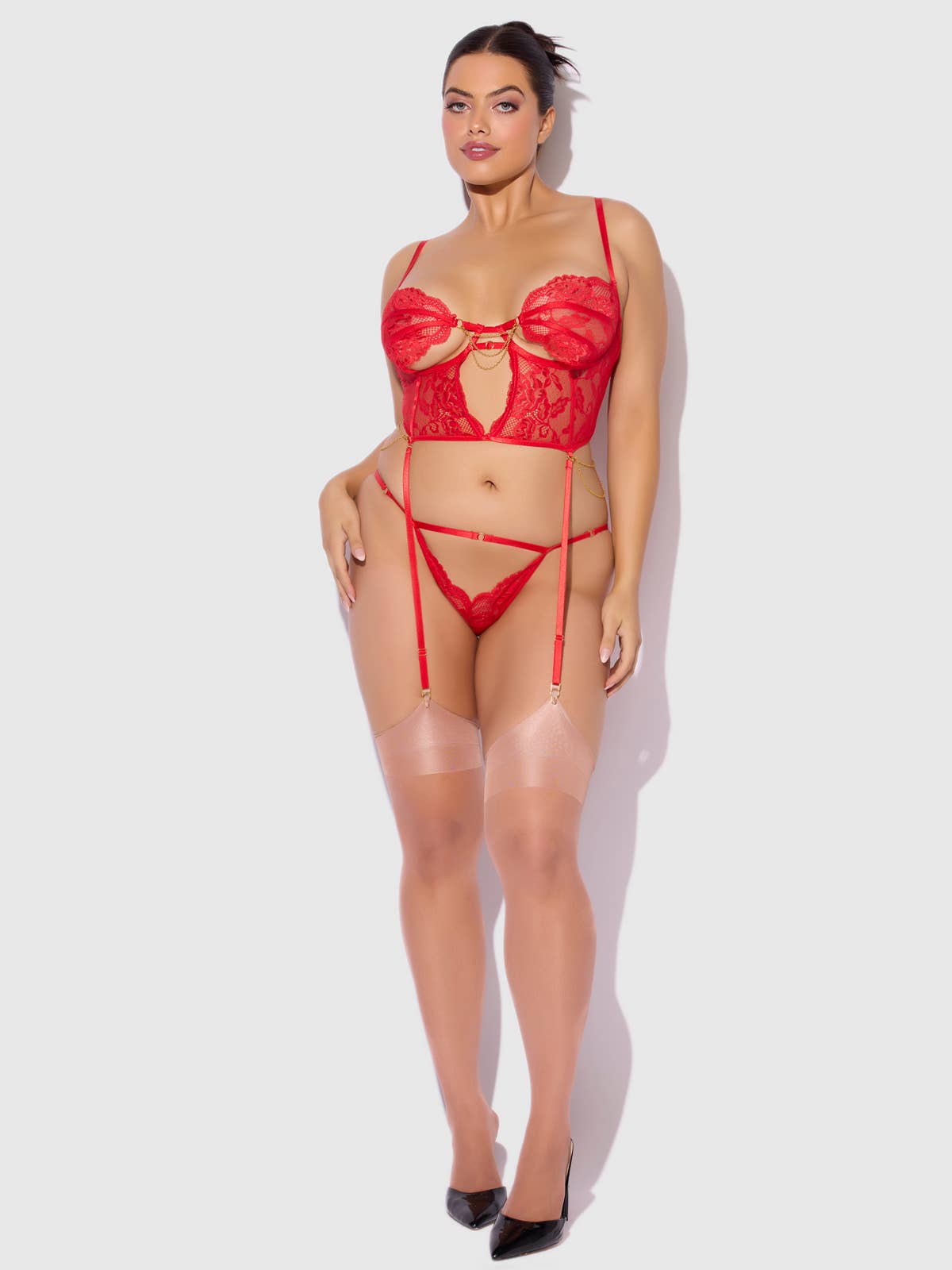 Cecily Lace & Chain Bustier & Hipster Set in Red Lingerie by House of Desire- The Nookie