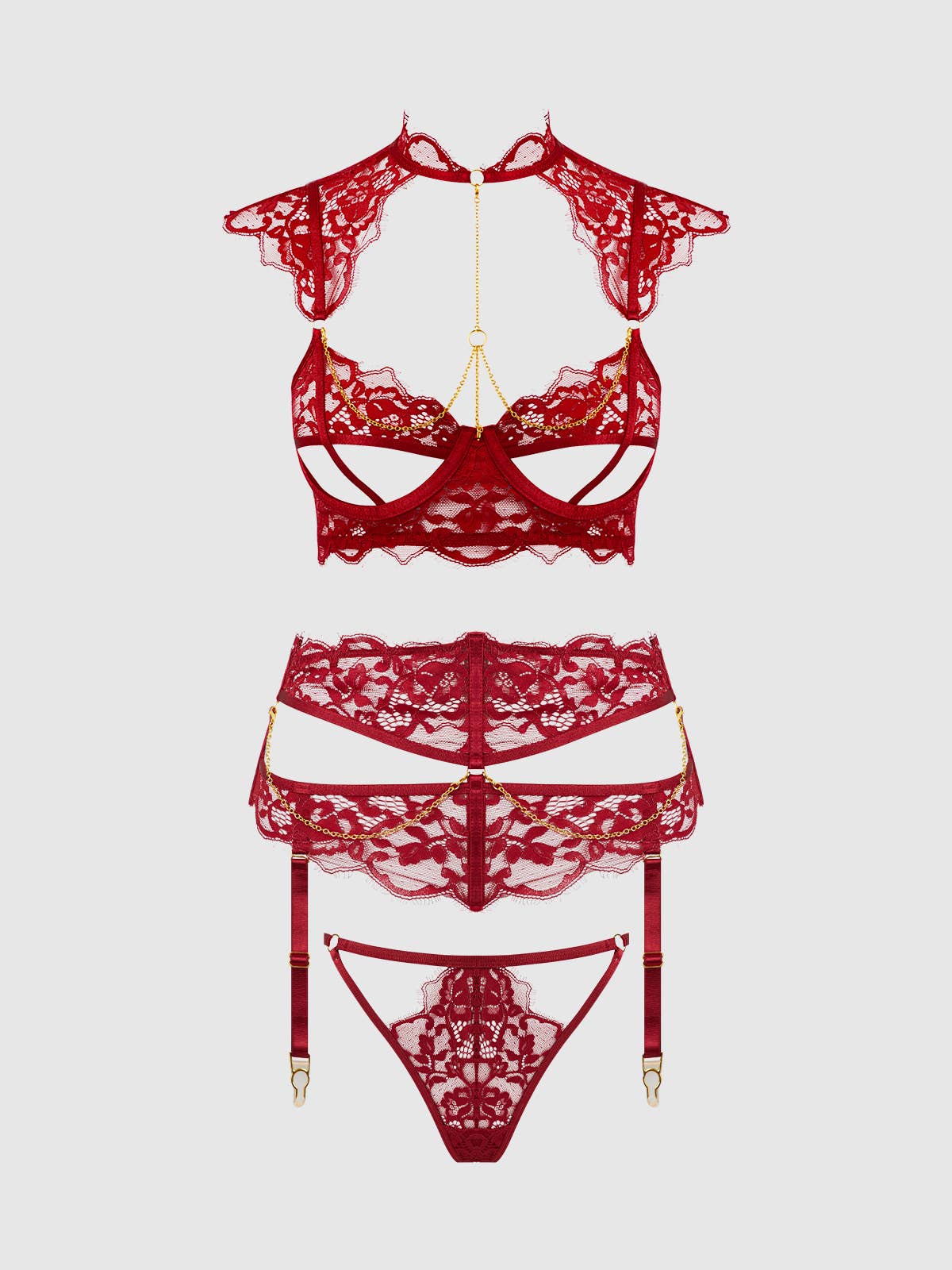 Dezi Lace & Chain Open Cup Bra, Garter & G-String Set Lingerie by House of Desire- The Nookie