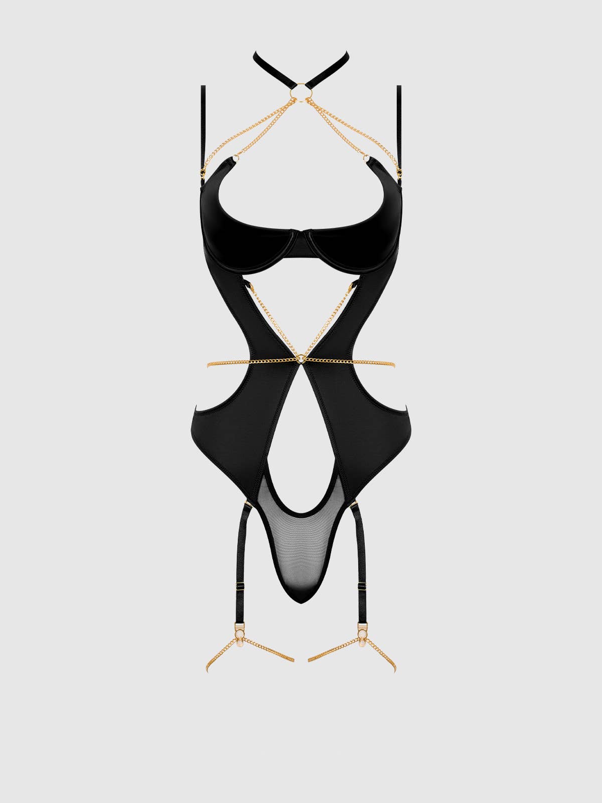 Evangeline Satin & Chain Halter Teddy in Black Lingerie by House of Desire- The Nookie